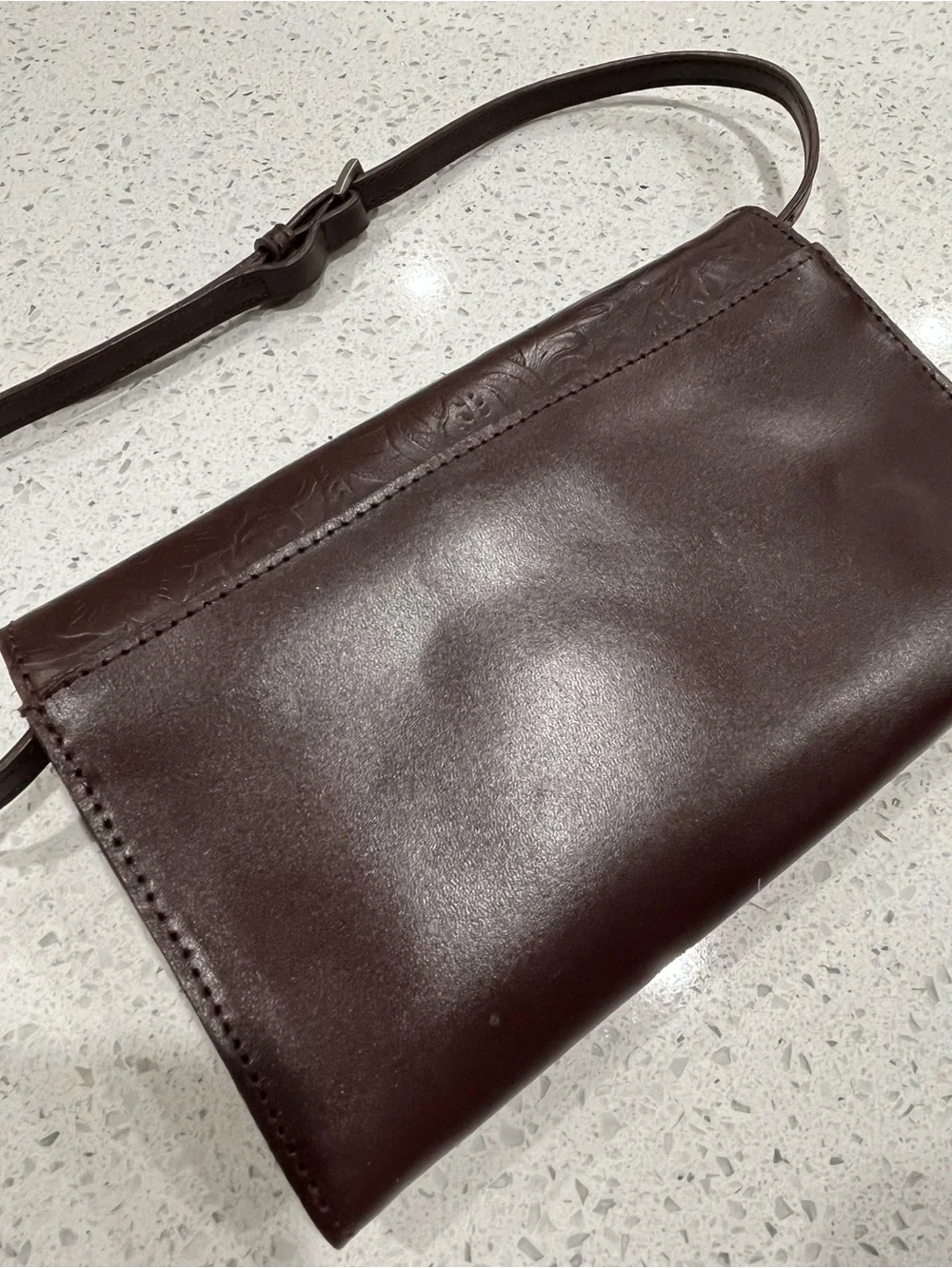 Minnetonka Genuine Brown Tooled Leather Crossbody Bag/Wallet w Adjustable Strap